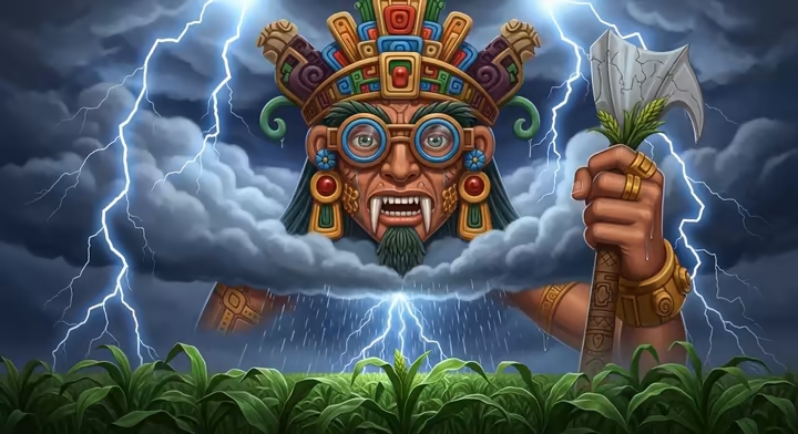 An artistic representation of the Aztec god Tlaloc, characterized by his goggle eyes and fangs, holding a lightning bolt as rain falls over a field of maize.