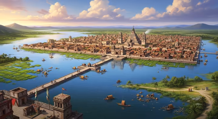 A grand, artistic panorama of the Aztec capital Tenochtitlan, with its central pyramids and causeways connecting it to the mainland across a vast lake.