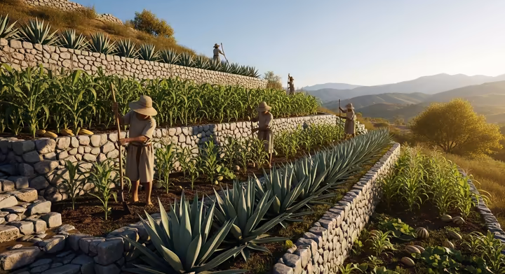 Aztec farmers tending to crops on stone-walled terraces built into a steep hillside, with maguey plants lining the edges.