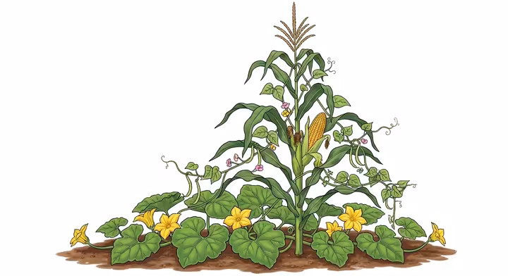 An educational diagram showing the symbiotic relationship of the 'Three Sisters': maize providing a stalk, beans climbing it and fixing nitrogen, and squash providing ground cover.