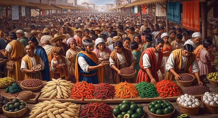 A vibrant and bustling scene at the great market of Tlatelolco, with vendors selling maize, chilies, textiles, and cacao beans.