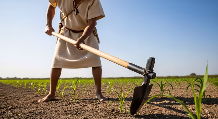 An Aztec farmer using a fire-hardened wooden digging stick, known as a uictli, to plant maize kernels in a field.