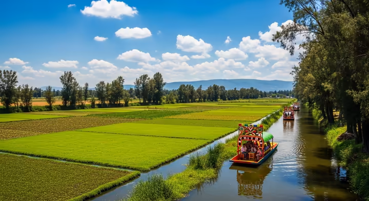 A modern-day photograph of the canals of Xochimilco, showing the surviving chinampas being farmed, with colorful trajinera boats nearby.