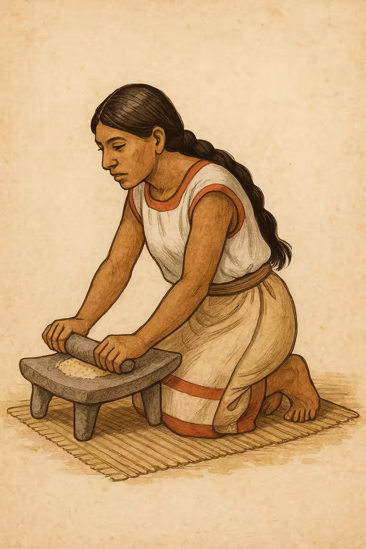 An Aztec commoner woman wearing a cueitl (skirt) and huipilli (tunic) made of simple fibers.