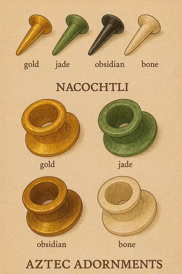 Various Aztec labrets and earspools made from materials like gold, jade, and obsidian, showing different status levels.
