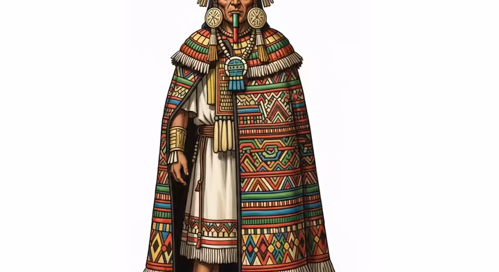 An Aztec noble adorned in a finely woven, brightly colored cotton tilmatli with intricate designs.