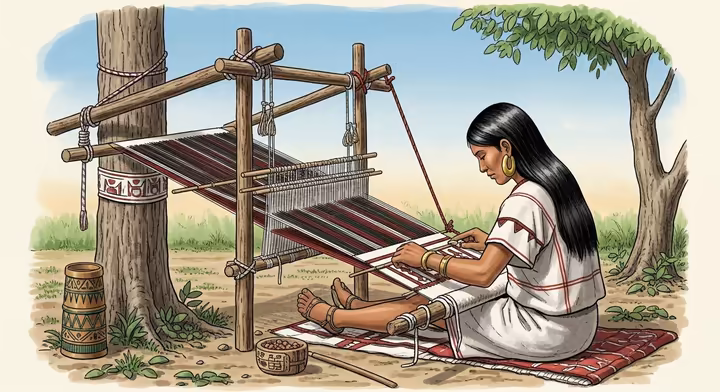 An Aztec woman skillfully weaving on a traditional backstrap loom, connected to a post.