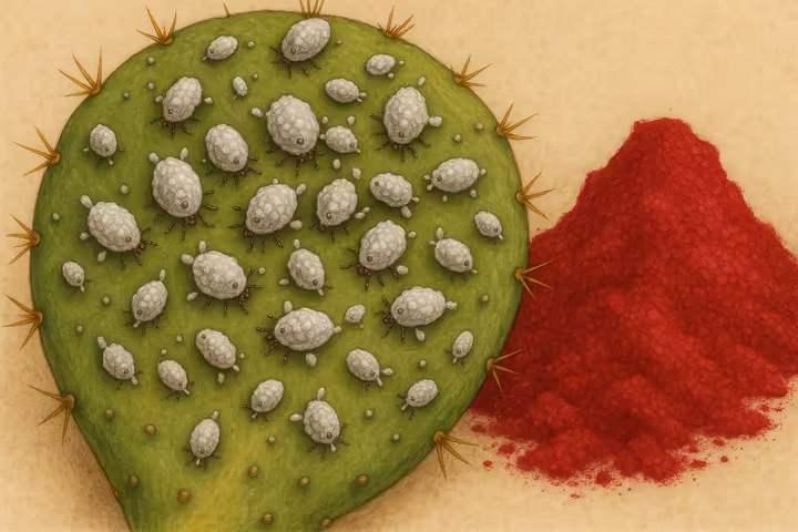 Cochineal insects on a nopal cactus pad and the vibrant red dye they produce.