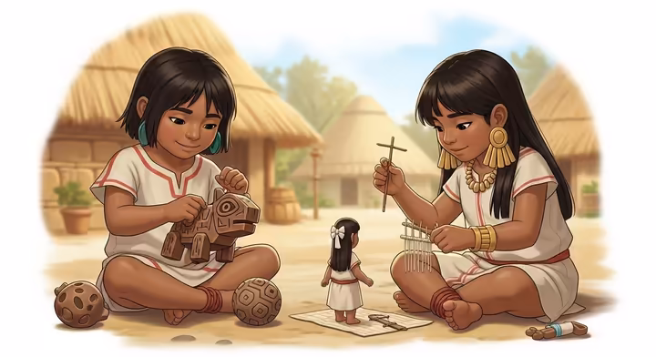Aztec children playing with gender-specific toys: a boy with an animal toy, and a girl with a small weaving loom or doll.