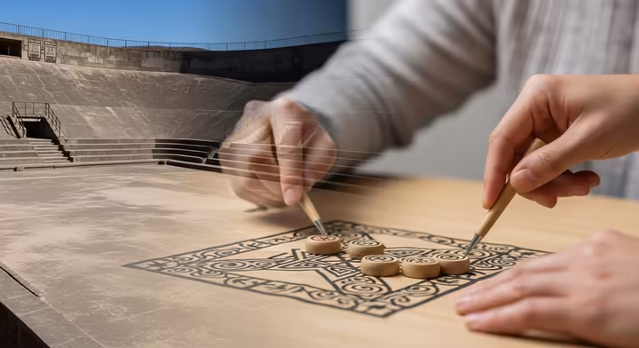 A symbolic image representing the enduring legacy of Aztec games, perhaps a modern Ulama player juxtaposed with ancient codex imagery.