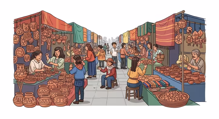 A vibrant Aztec marketplace (tianguis) scene at Tlatelolco, with vendors, shoppers, and possibly informal entertainers, showing a lively social hub.