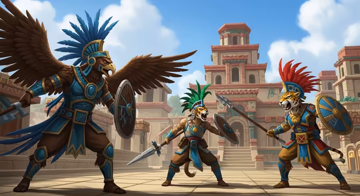 A screenshot or artistic representation of an Aztec-themed video game, showing warriors and stylized Tenochtitlan architecture.