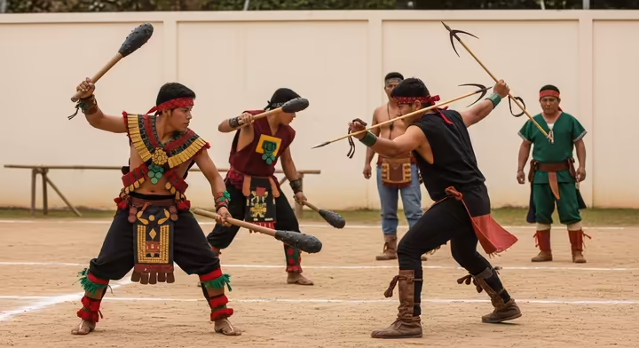 Aztec youths engaged in rigorous warrior training, practicing with macuahuitl and atlatl under the guidance of an elder.