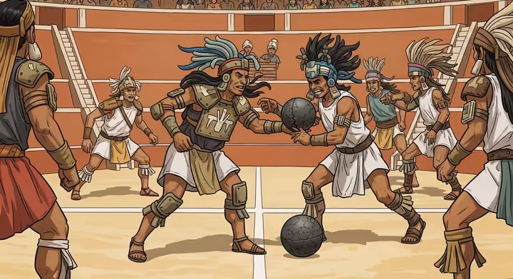 Aztec players in action during an Ōllamaliztli game, hitting the rubber ball with their hips in an I-shaped court.