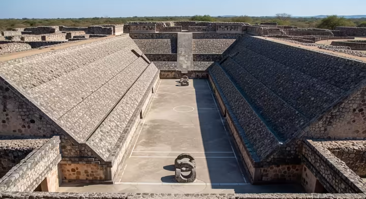 Archaeological rendering of a typical I-shaped Aztec tlachtli (ballcourt) with sloped walls and stone rings.
