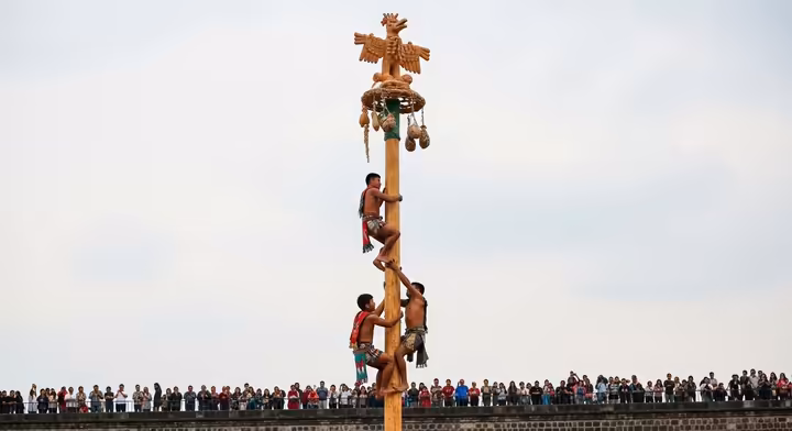 Aztec youths competitively climbing a tall Xocotl pole to retrieve an amaranth dough effigy and other rewards during the Xocotl Huetzi festival.