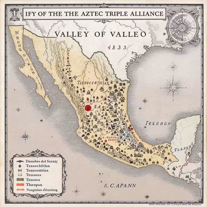 Map of the Aztec Triple Alliance, showing the city-states of Tenochtitlan, Texcoco, and Tlacopan.