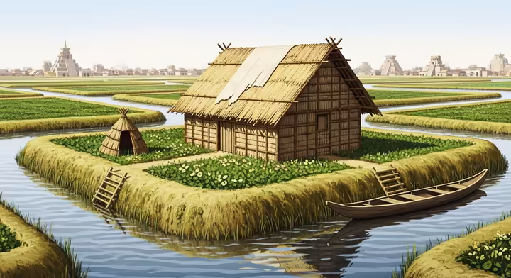 An Aztec wattle-and-daub house (chinancalli) built on a chinampa, a man-made island garden in Tenochtitlan.
