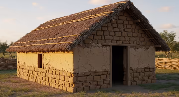A reconstruction of a simple Aztec commoner's house, made of adobe with a thick thatched roof, set in a rural landscape.