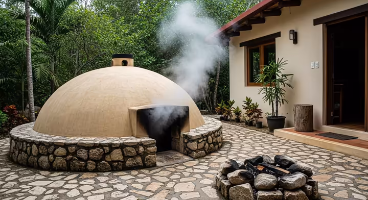 An exterior view of an Aztec temazcal, a small, dome-shaped sweat bath made of stone and adobe, with a fire pit nearby.