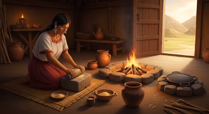 Inside an Aztec home, a woman kneels on a reed mat grinding maize on a metlatl. Next to her is a three-stone hearth with a cooking fire.