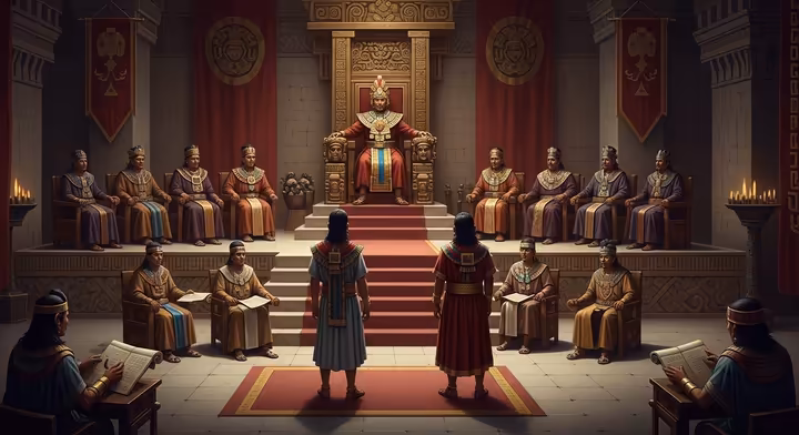 A depiction of the Aztec Supreme Court in Tenochtitlan. The Cihuacoatl sits on a high throne, presiding over twelve judges who are listening to a case between a noble and a commoner.
