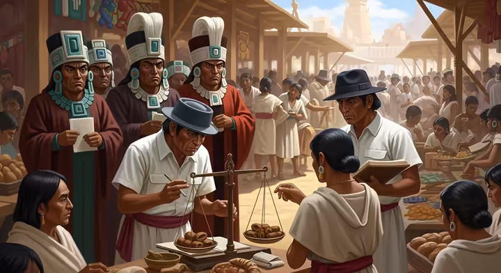 Officials in an Aztec marketplace inspecting the weights and measures of a merchant's stall while watched by pochteca judges.