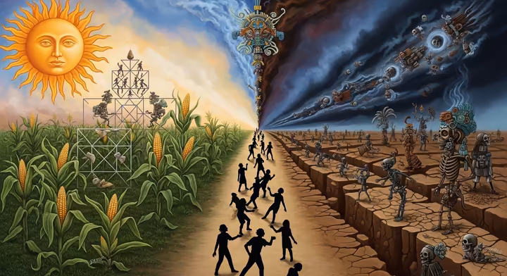 An abstract artistic representation of the Aztec concept of 'slippery earth,' showing figures carefully walking a narrow, precarious path between cosmic forces of order (sun, geometric patterns) and chaos (darkness, swirling energies).