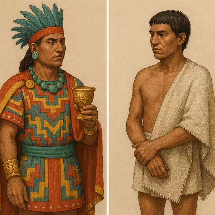 A side-by-side comparison illustrating Aztec sumptuary laws. On the left, a noble wears ornate cotton clothing and jade jewelry. On the right, a commoner wears a simple maguey fiber cloak.