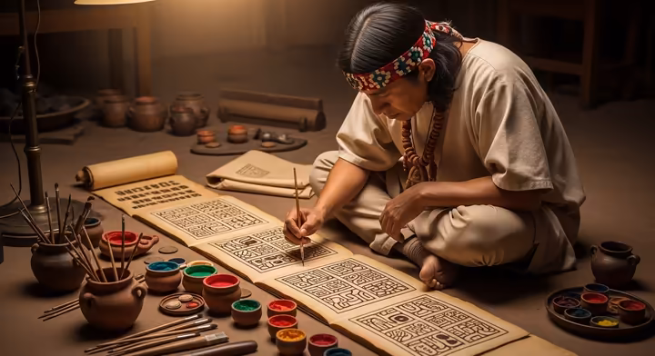 An Aztec tlacuilo (scribe) meticulously painting pictographs onto a deerskin codex. He is surrounded by pots of natural pigments and tools.
